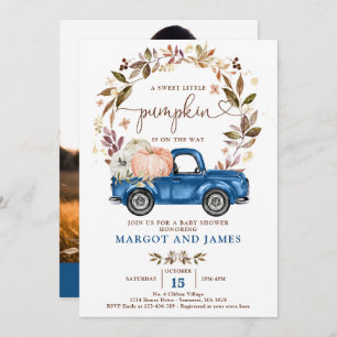 Rustic Pumpkin Truck Classic Blue Baby shower Kaart