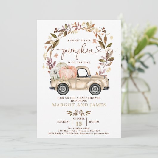 Rustic Pumpkin Truck Muted Tones Baby shower Kaart (Staand voorkant)