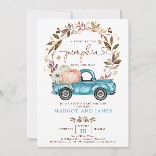 Rustic Pumpkin Truck Sapphire Blue Baby shower Kaart (Voorkant)