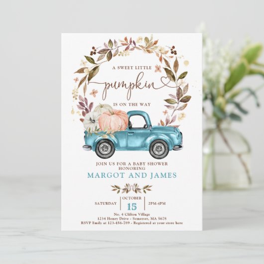 Rustic Pumpkin Truck Sapphire Blue Baby shower Kaart (Staand voorkant)