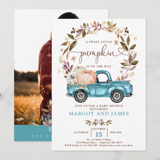 Rustic Pumpkin Truck Sapphire Blue Baby shower Kaart (Voorkant / Achterkant)