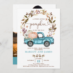Rustic Pumpkin Truck Sapphire Blue Baby shower Kaart