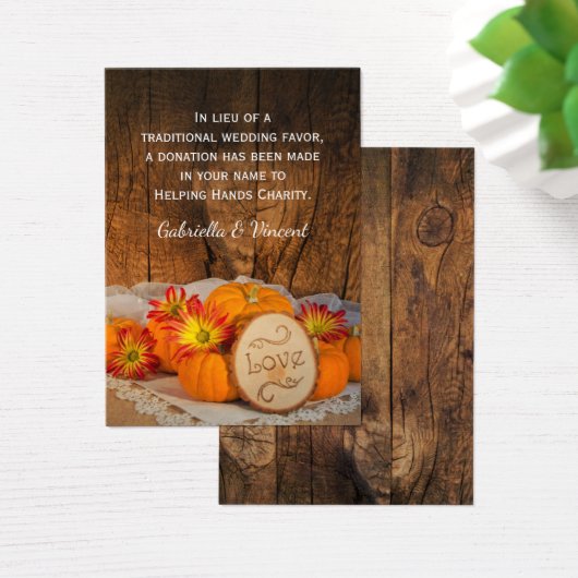 Rustic Pumpkins Fall Wedding Charity Favor Kaart (Bureau)