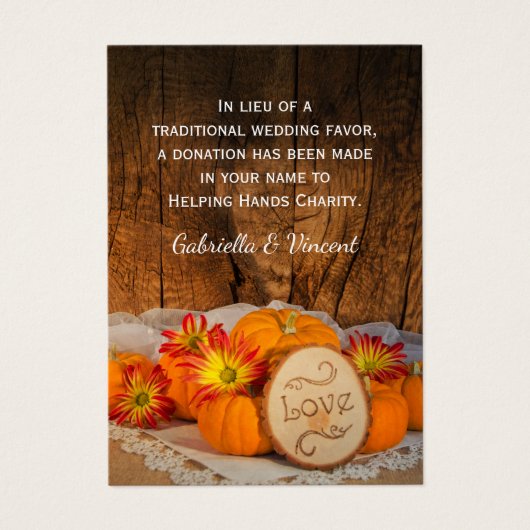 Rustic Pumpkins Fall Wedding Charity Favor Kaart (Voorkant)