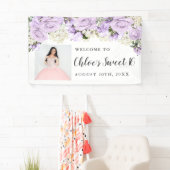 Rustic Purpl White Floral Foto Sweet 16 Party Spandoek (Insitu)