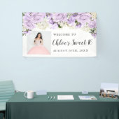 Rustic Purpl White Floral Foto Sweet 16 Party Spandoek (Beurs)