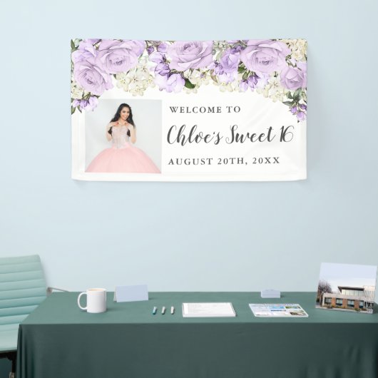 Rustic Purpl White Floral Foto Sweet 16 Party Spandoek (Beurs)