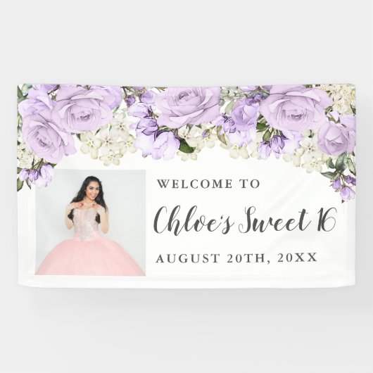 Rustic Purpl White Floral Foto Sweet 16 Party Spandoek (Horizontaal)