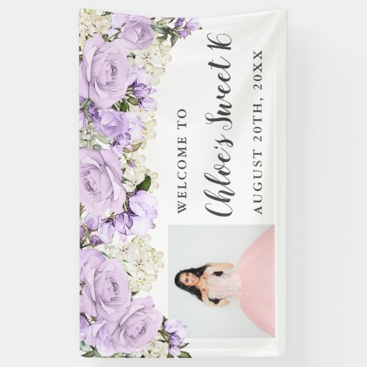 Rustic Purpl White Floral Foto Sweet 16 Party Spandoek (Verticaal)
