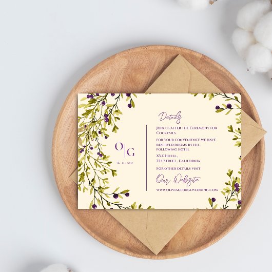 Rustic Purple Berry Greenery Wedding Details Informatiekaartje