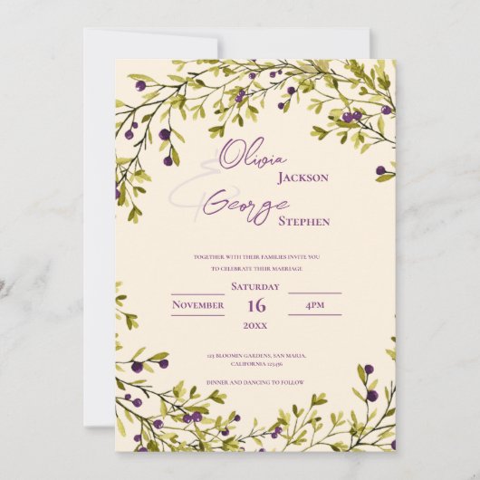 Rustic Purple Berry Leaves Romantic Wedding Kaart (Voorkant)