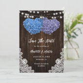 Rustic Purple Blue Floral Hearts Lace Wood Wedding Save The Date (Staand voorkant)