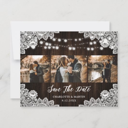 Rustic Purple Blue Floral Lace 3 Photo Wedding Save The Date (Voorkant)