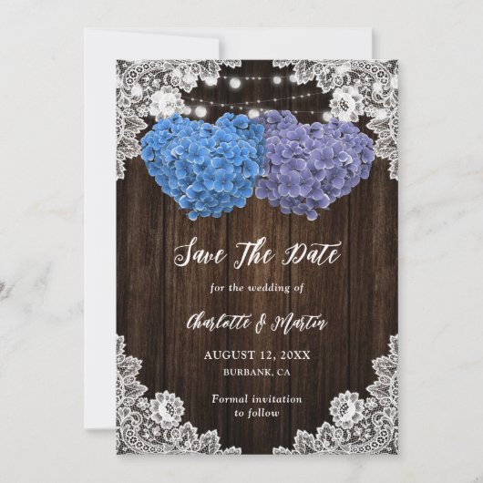 Rustic Purple Blue Hydrangea Rustic Wood Wedding Save The Date (Voorkant)