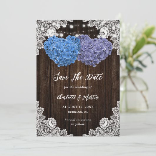 Rustic Purple Blue Hydrangea Rustic Wood Wedding Save The Date (Staand voorkant)