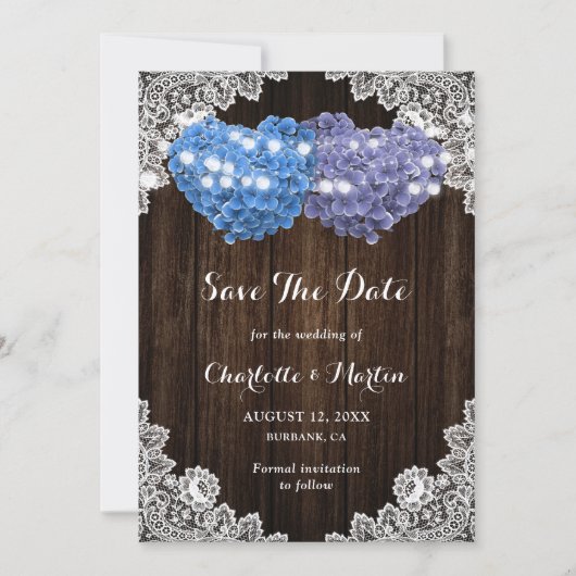 Rustic Purple Blue Hydrangea Rustic Wood Wedding Save The Date (Voorkant)