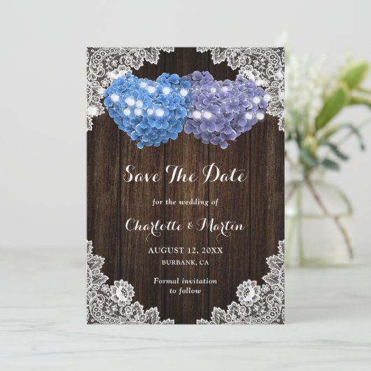 Rustic Purple Blue Hydrangea Rustic Wood Wedding Save The Date (Staand voorkant)