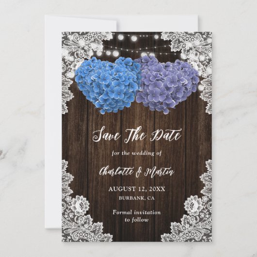 Rustic Purple Blue Wood Lights Lace Floral Wedding Save The Date (Voorkant)