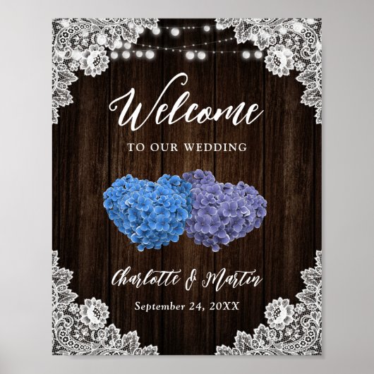 Rustic Purple Blue Wood Wedding Welcome Sign Poster (Voorkant)