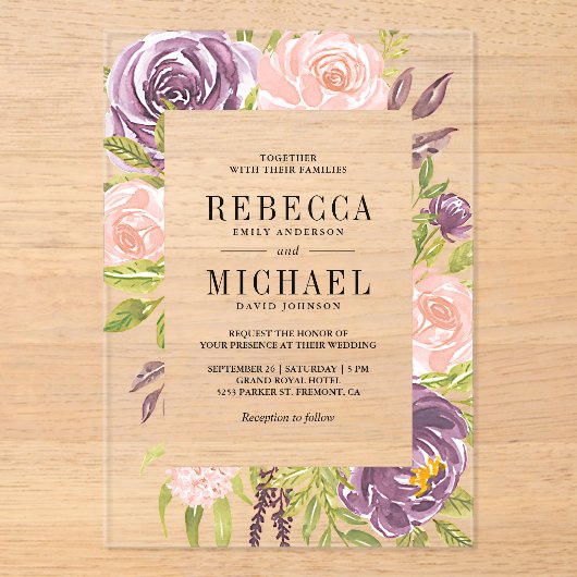 Rustic Purple Blush Pink Floral Wedding Acryl Uitnodigingen (Voorkant)