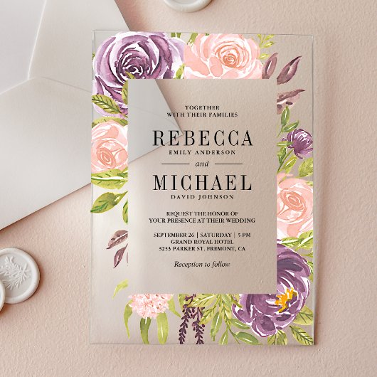 Rustic Purple Blush Pink Floral Wedding Acryl Uitnodigingen