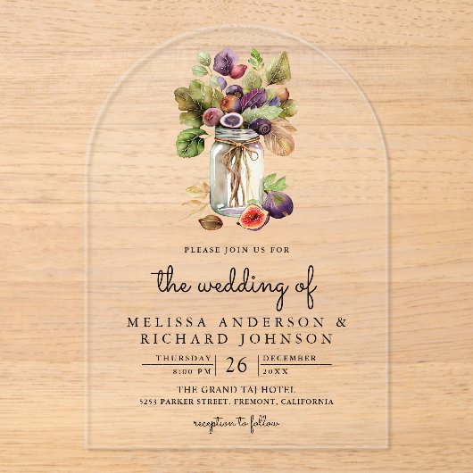 Rustic Purple Fig Mason Jar Wedding Acryl Uitnodigingen (Voorkant)