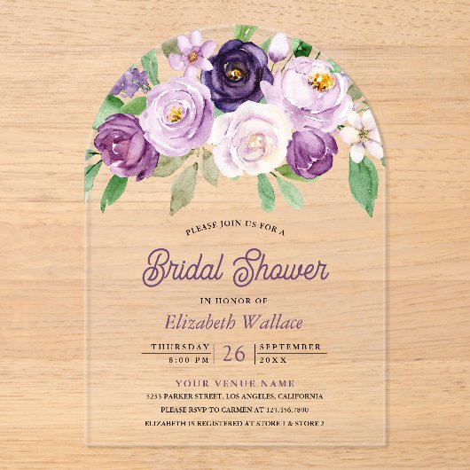 Rustic Purple Floral Bridal Shower Acryl Uitnodigingen (Voorkant)