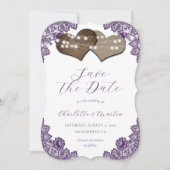 Rustic Purple Floral Lace Burlap Hearts Wedding Save The Date (Voorkant)