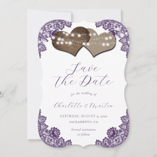 Rustic Purple Floral Lace Burlap Hearts Wedding Save The Date (Voorkant)