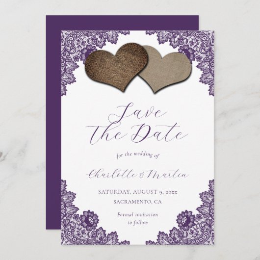 Rustic Purple Floral Lace Burlap Hearts Wedding Save The Date (Voorkant / Achterkant)