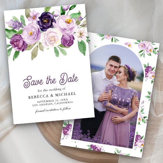 Rustic Purple Floral Photo Wedding Save The Date
