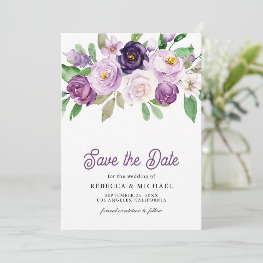 Rustic Purple Floral Photo Wedding Save The Date (Staand voorkant)
