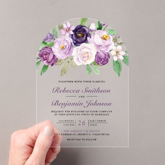 Rustic Purple Floral Wedding Acryl Uitnodigingen (Insitu (Draagbaar))