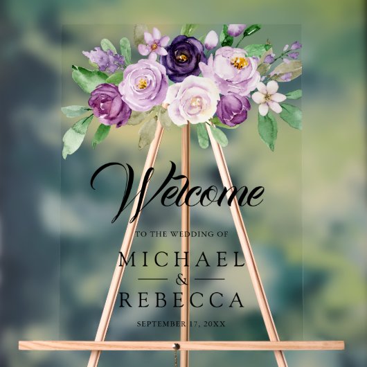 Rustic Purple Floral Wedding Welcome Acryl Bord (Neutraal)