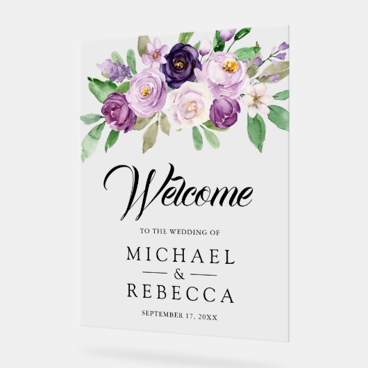 Rustic Purple Floral Wedding Welcome Acryl Bord (Hoek)