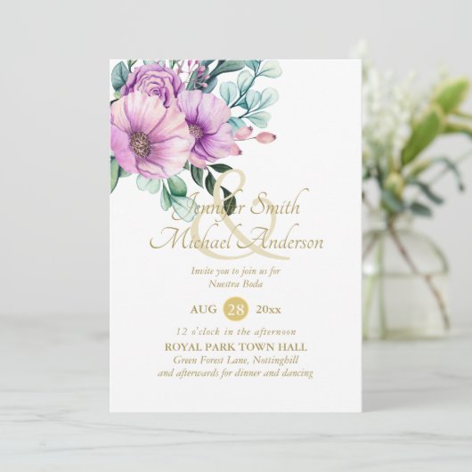 Rustic Purple Flowers Nuestra Boda Invitacions (Staand voorkant)