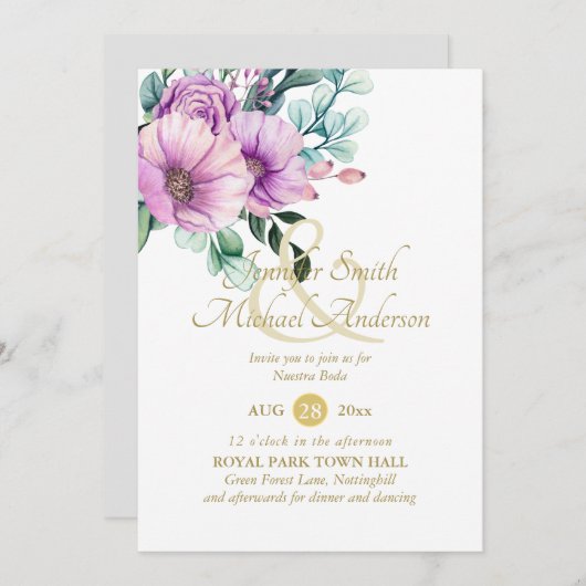 Rustic Purple Flowers Nuestra Boda Invitacions (Voorkant / Achterkant)