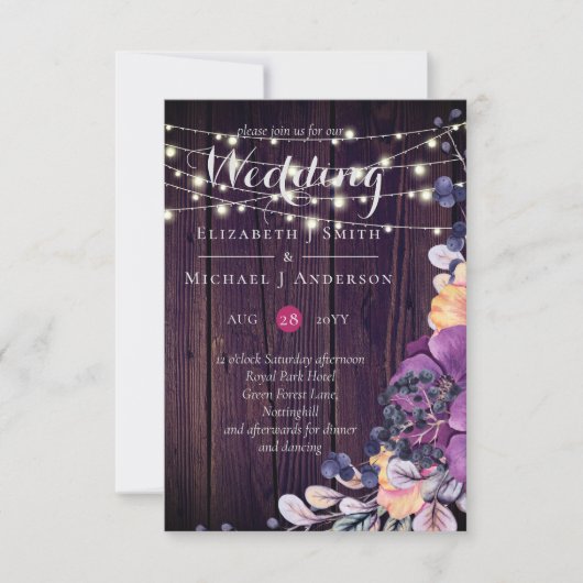 Rustic Purple Flowers Oranje Wedding Invites (Voorkant)