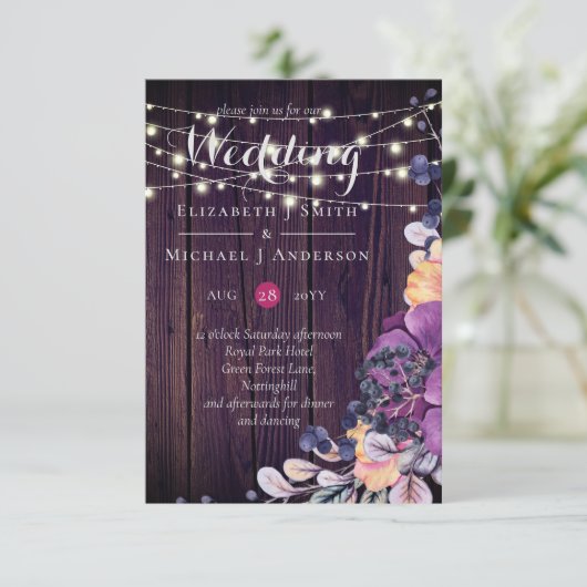 Rustic Purple Flowers Oranje Wedding Invites (Staand voorkant)