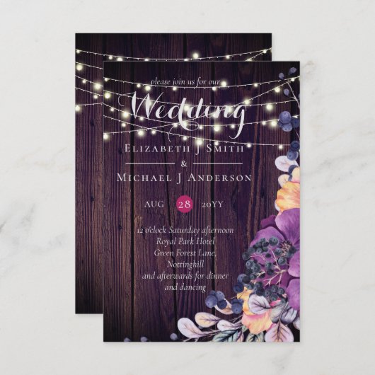 Rustic Purple Flowers Oranje Wedding Invites (Voorkant / Achterkant)