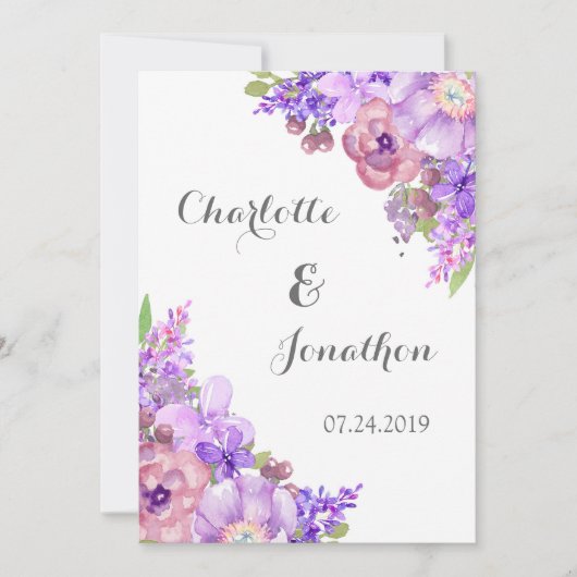 Rustic Purple Flowers Wedding Invitations Kaart (Voorkant)
