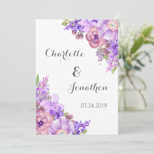  Rustic Purple Flowers Wedding Invitations Kaart (Staand voorkant)