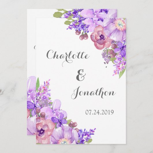  Rustic Purple Flowers Wedding Invitations Kaart (Voorkant / Achterkant)