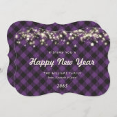 Rustic Purple Plaid Lights Stars New Year Card Feestdagenkaart (Voorkant / Achterkant)