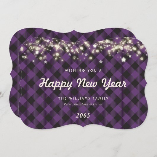 Rustic Purple Plaid Lights Stars New Year Card Feestdagenkaart (Voorkant / Achterkant)