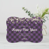 Rustic Purple Plaid Lights Stars New Year Card Feestdagenkaart (Staand voorkant)