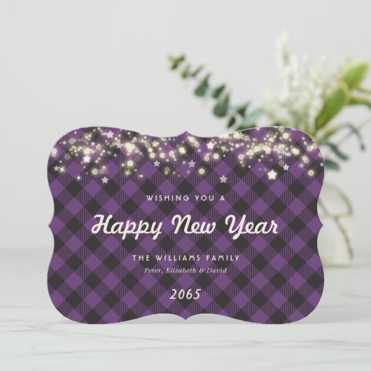 Rustic Purple Plaid Lights Stars New Year Card Feestdagenkaart (Staand voorkant)