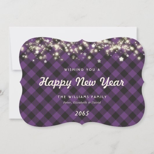 Rustic Purple Plaid Lights Stars New Year Card Feestdagenkaart (Voorkant)