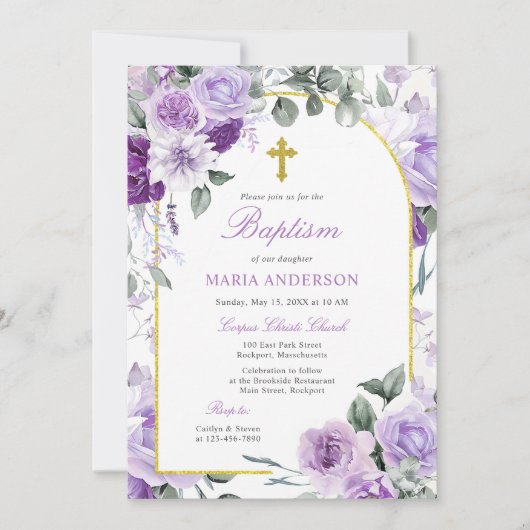 Rustic Purple Rose Floral  Girl Baptism Kaart (Voorkant)