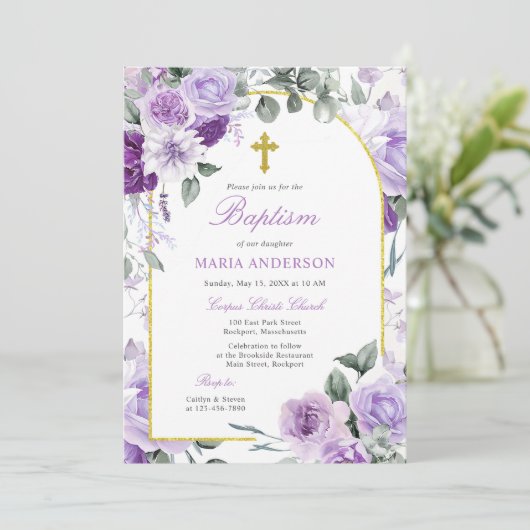 Rustic Purple Rose Floral  Girl Baptism Kaart (Staand voorkant)